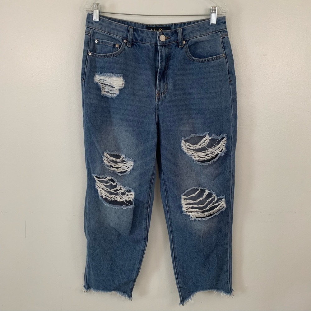 Indigo Rein Dark Wash Heavy Distressed Boyfriend Denim Capris Size 11
